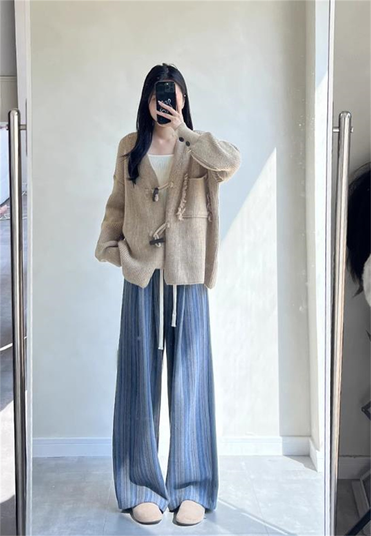 青ファッション 大人可愛い縦縞柄ワイドパンツ レディース