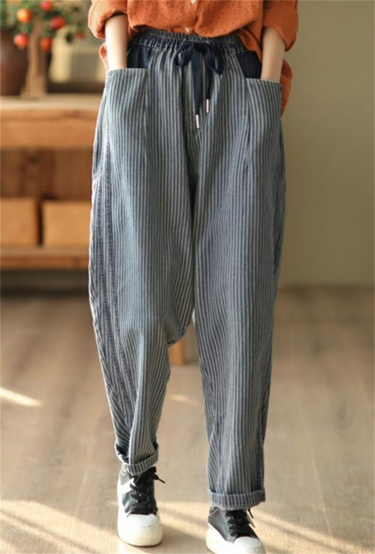 青ファッション 春夏用縦縞テーパードパンツ レトロ風デニム調