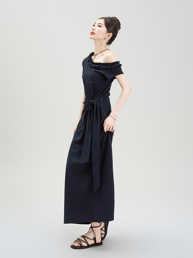 青ファッション リボン結びフリルロングスカート