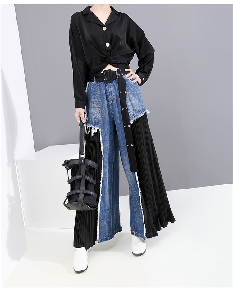 青ファッション 洗練されたハイウエストデニム切替プリーツワイドパンツ
