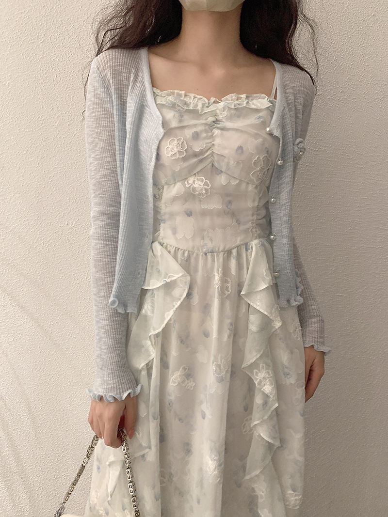 青ファッション フリルヘム 花モチーフ ショートカーディガン