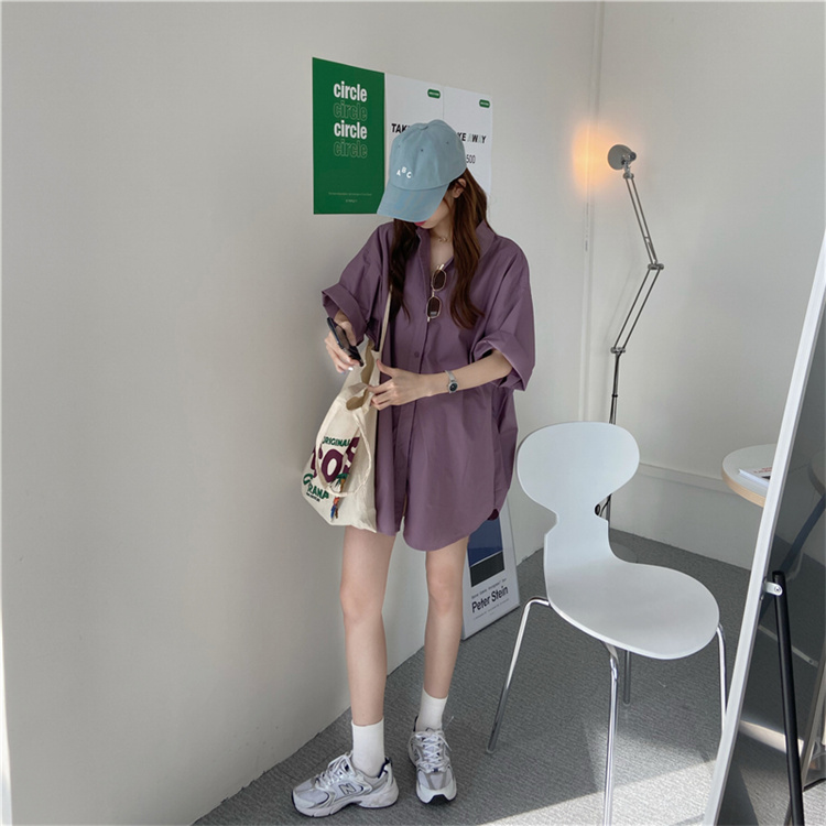 青ファッション ゆったりシルエット中丈シャツワンピース
