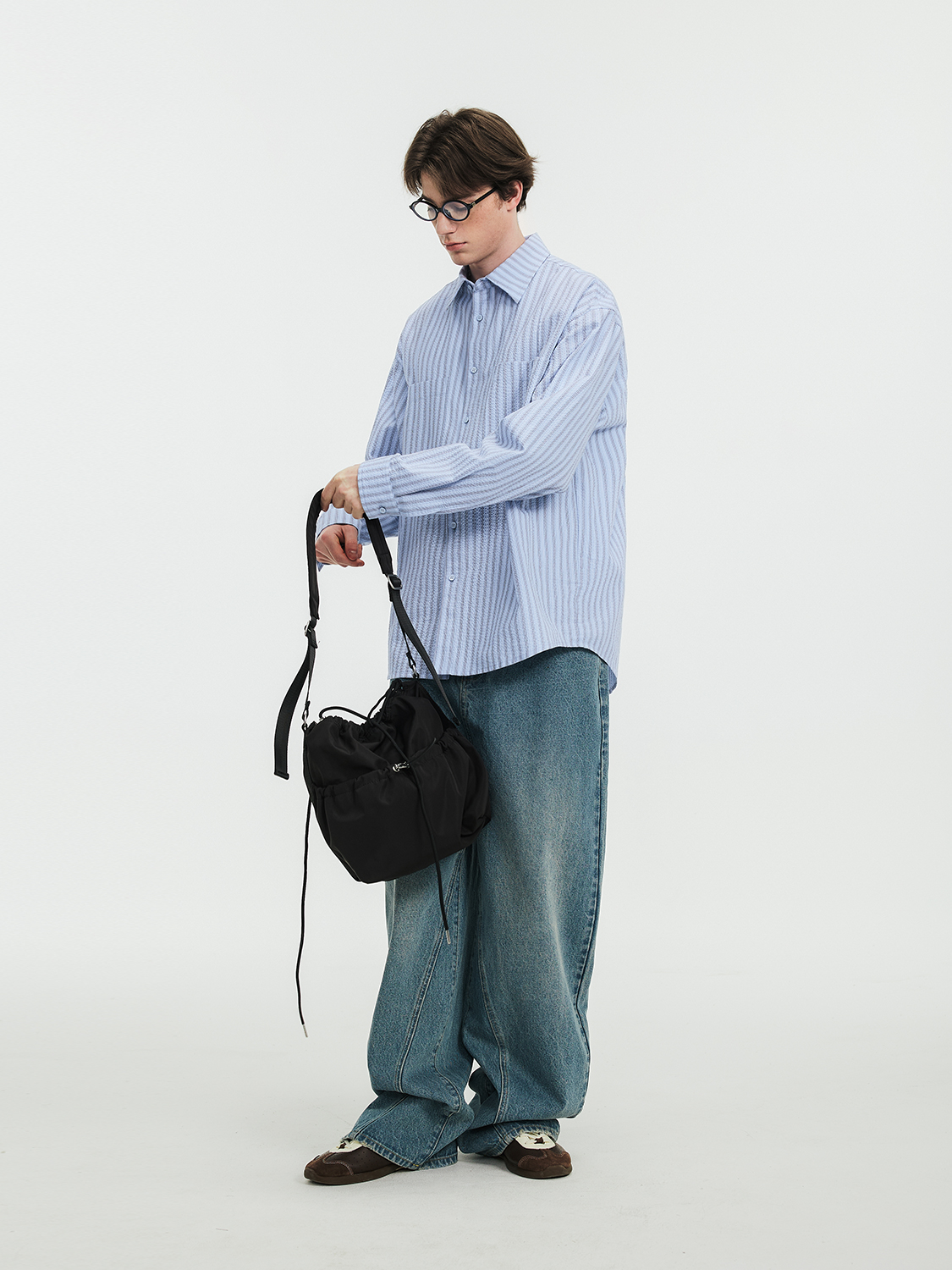 青ファッション 優雅な縦縞ゆったりシャツ