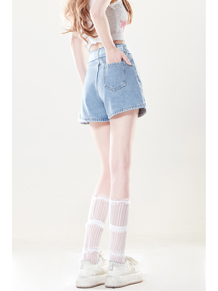 青ファッション チェックリボン付きデニムショートパンツ