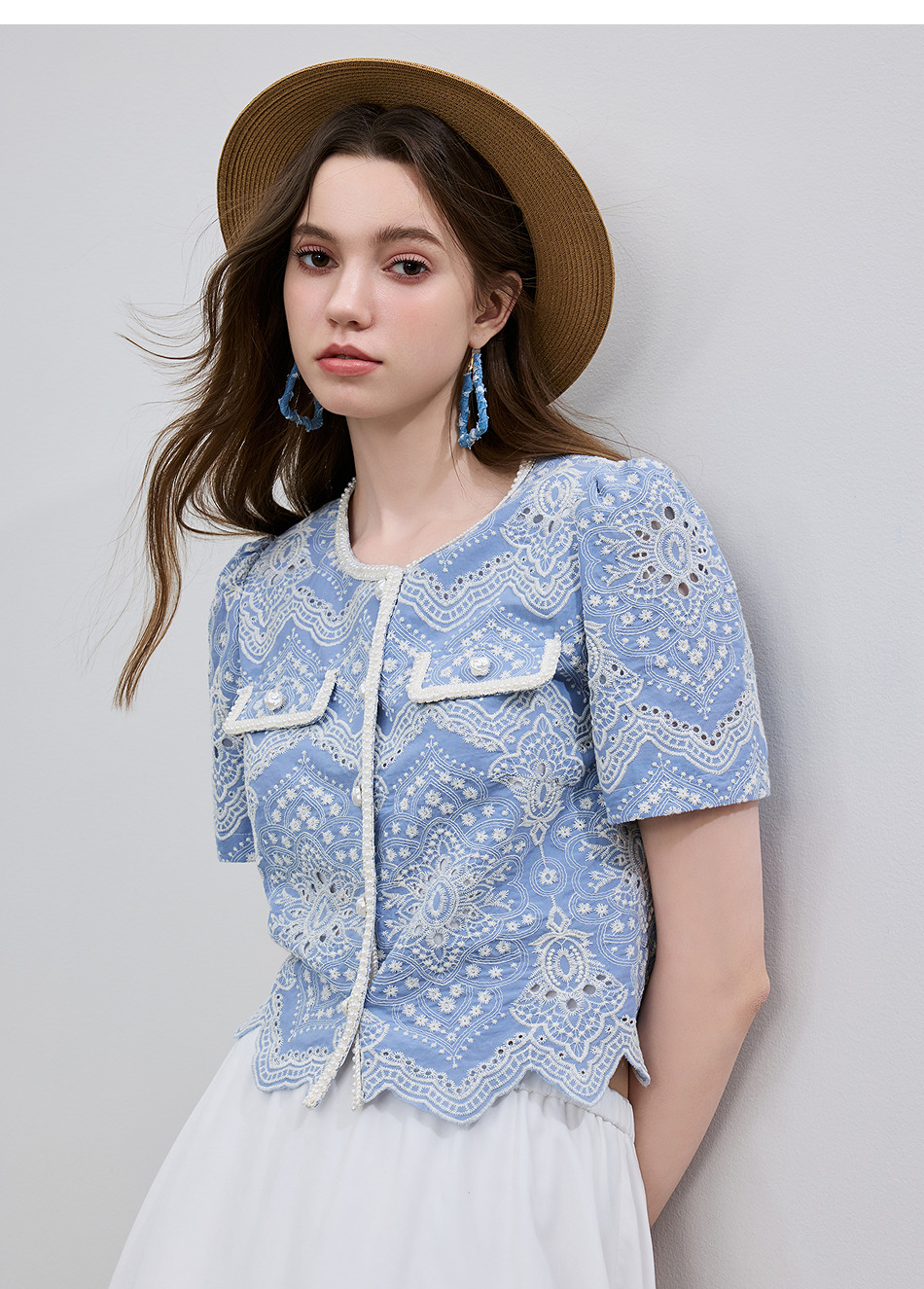 青ファッション 刺繍模様半袖ショートジャケット
