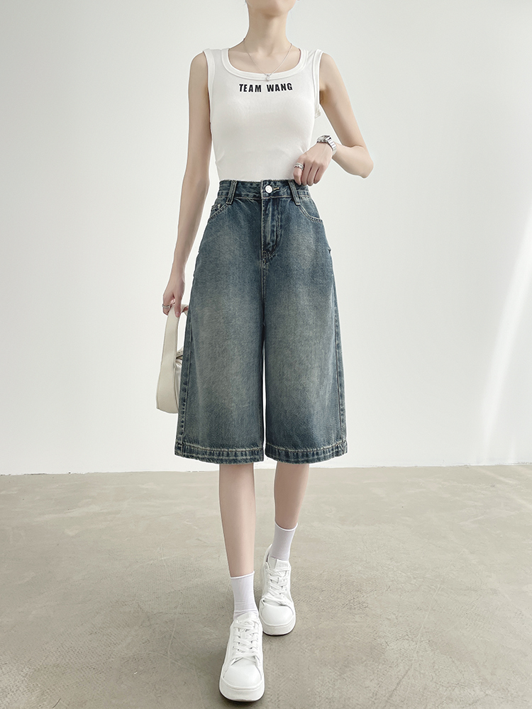 青ファッション ヴィンテージ風ゆったりデニムハーフパンツ