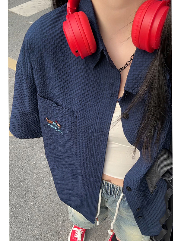 青ファッション 青ファッション 刺繍入り凹凸生地オーバーシャツ