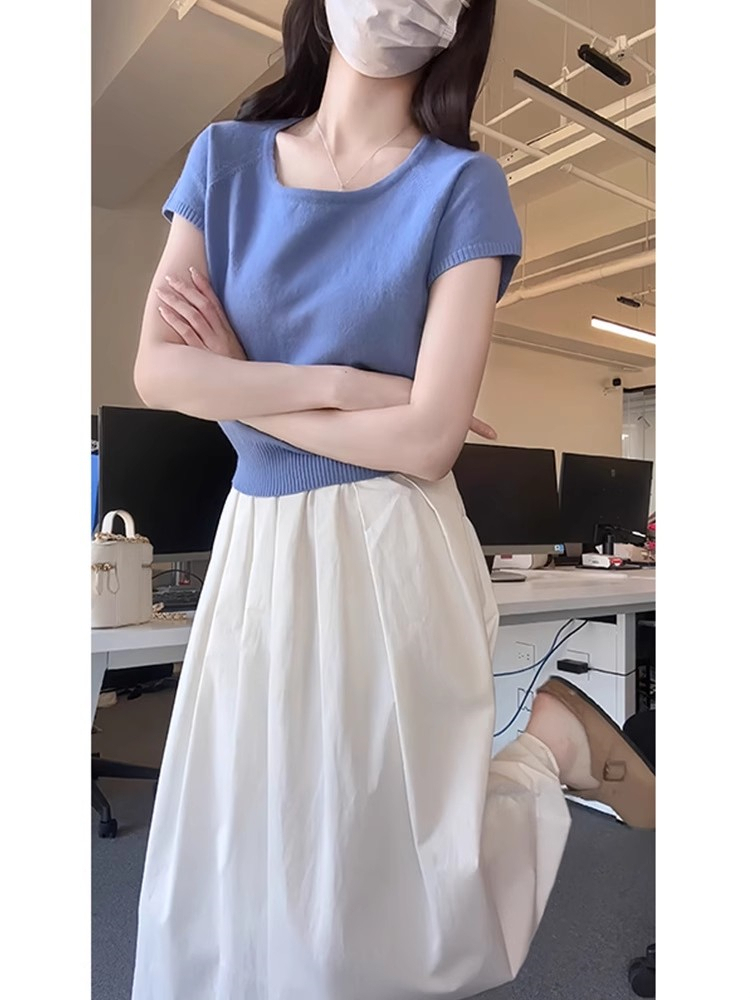 青ファッション 青ファッション 優雅な裾リブフレンチスリーブニット