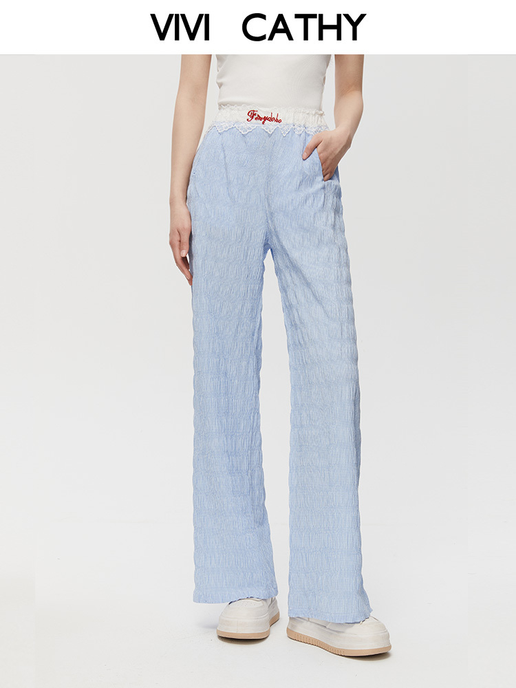 青ファッション 青ファッション レース縁取りしわ加工ワイドパンツ