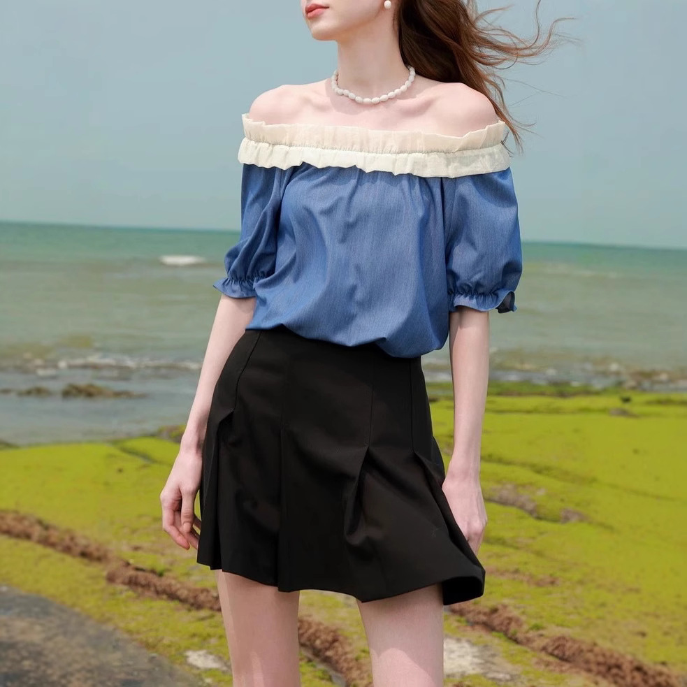 青ファッション 優美フリル肩出しブラウス