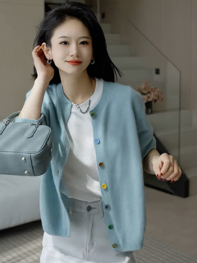 青ファッション 青ファッション 彩りボタン ニットカーディガン
