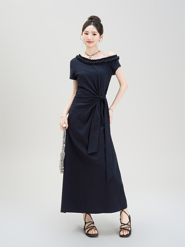 青ファッション リボン結びフリルロングスカート