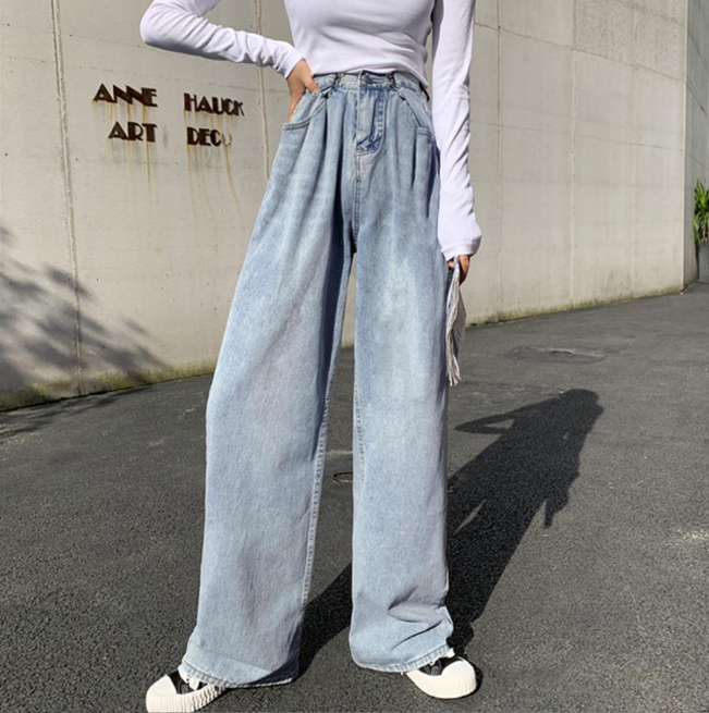 青ファッション ハイウエストゆったりワイドデニムパンツ