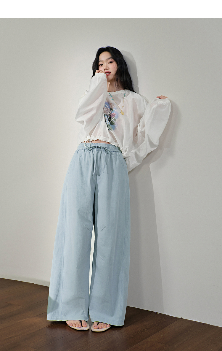 青ファッション 爽やか麻混ワイドパンツ