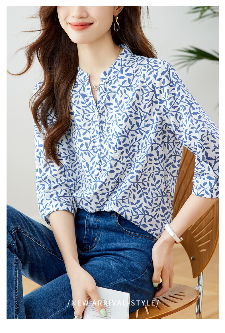 青ファッション 小枝模様のスタンドカラーシャツ