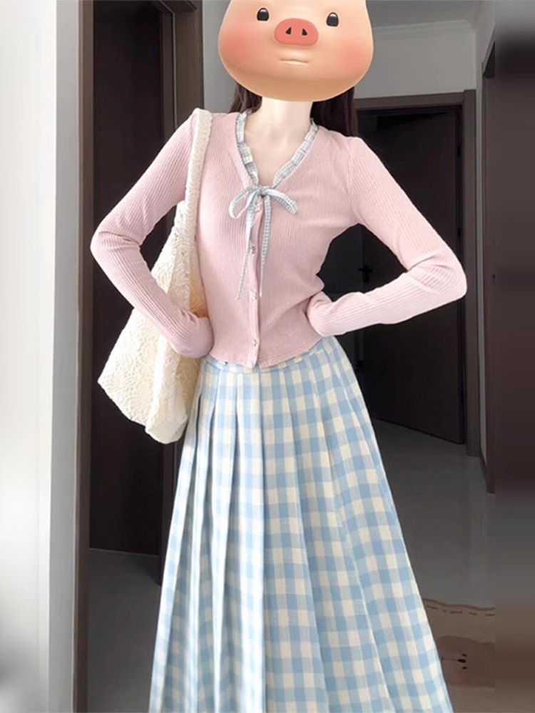 青ファッション 青ファッション 格子柄プリーツロングスカート
