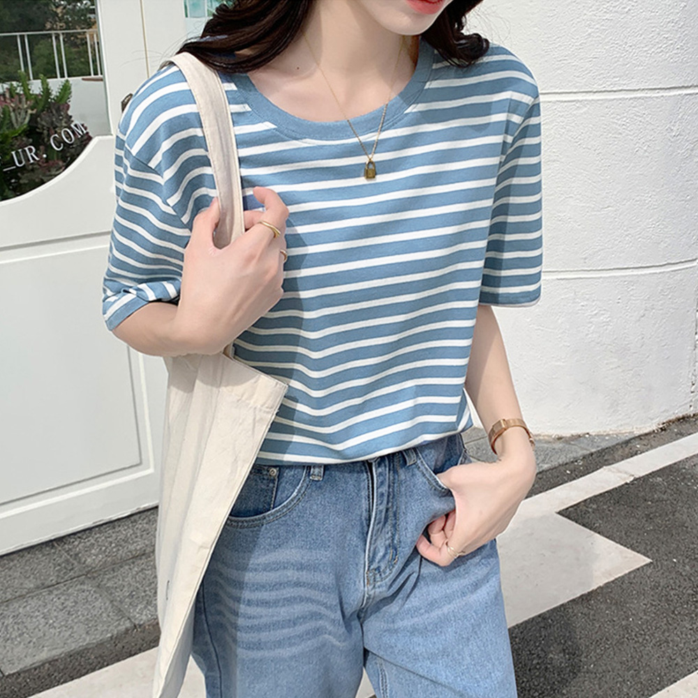 青ファッション 爽やか青ボーダーシャツ レディース半袖