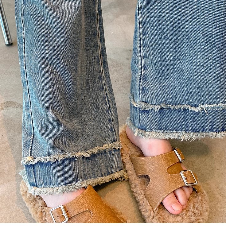 青ファッション 子供服デニムパンツ切りっぱなしワイドストレート