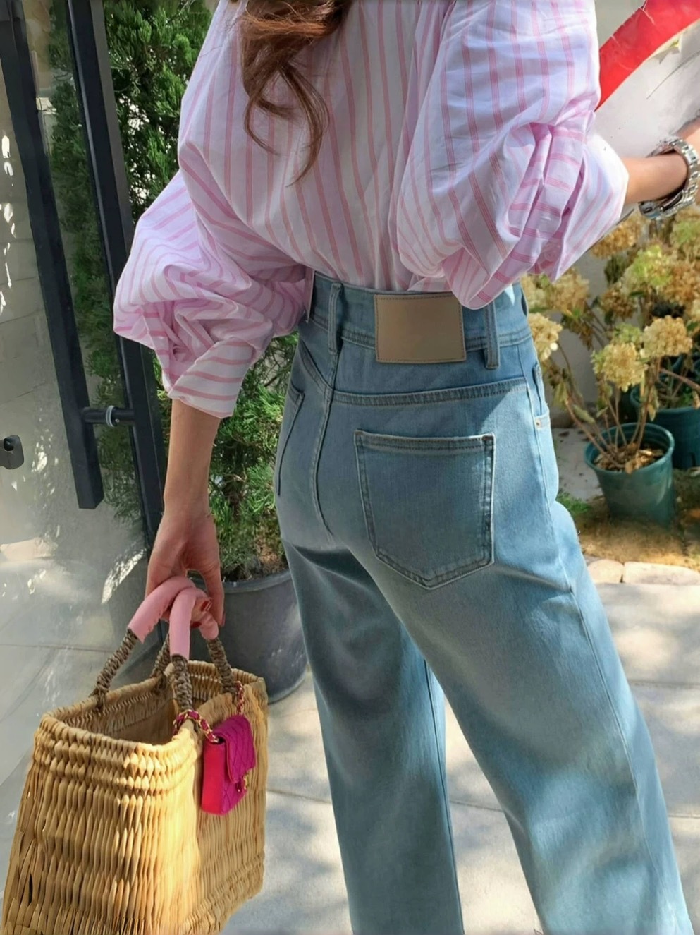 青ファッション ハイウエスト裾広がりデニム