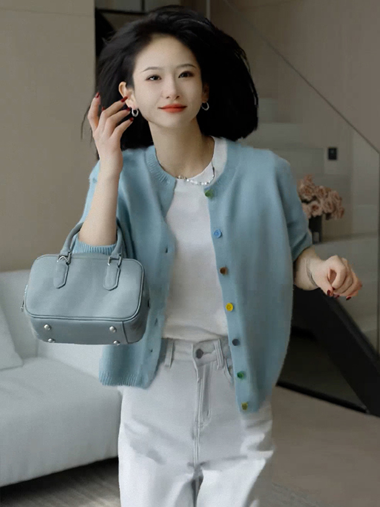青ファッション 青ファッション 彩りボタン ニットカーディガン