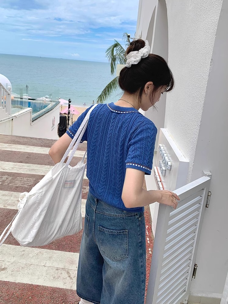 青ファッション 波模様編み襟付き半袖ニットポロ