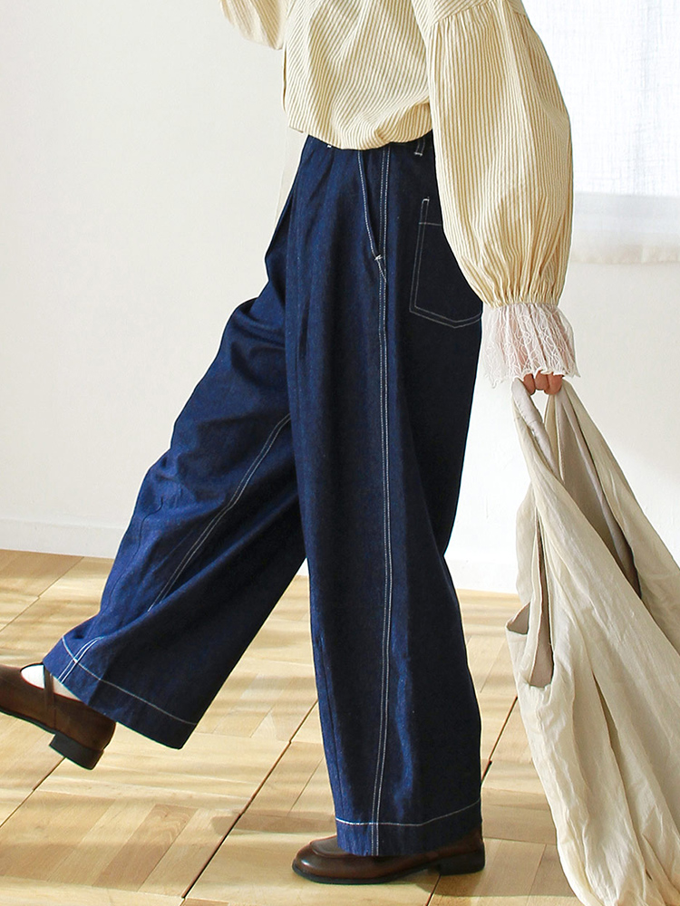 青ファッション ゆったりタックデニムワイドパンツ