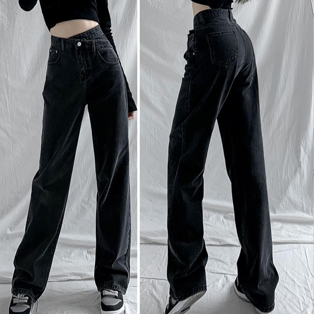 青ファッション ハイウエストクロスデザインデニムパンツ