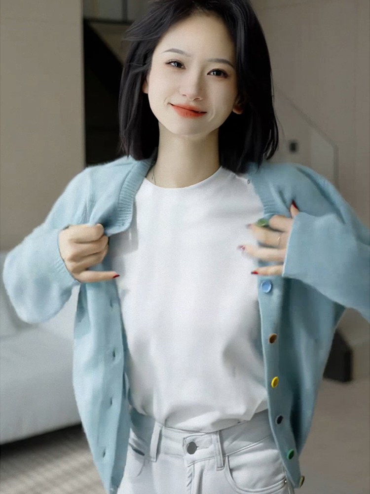 青ファッション 青ファッション 彩りボタン ニットカーディガン