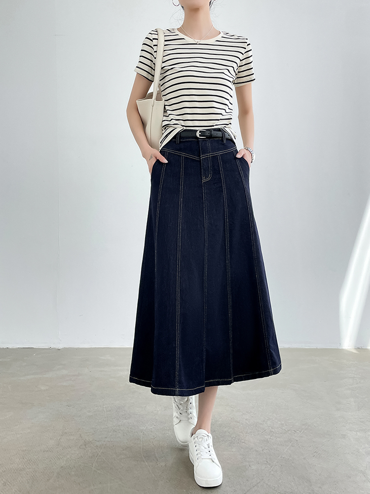 青ファッション ステッチデザインデニムフレアスカート