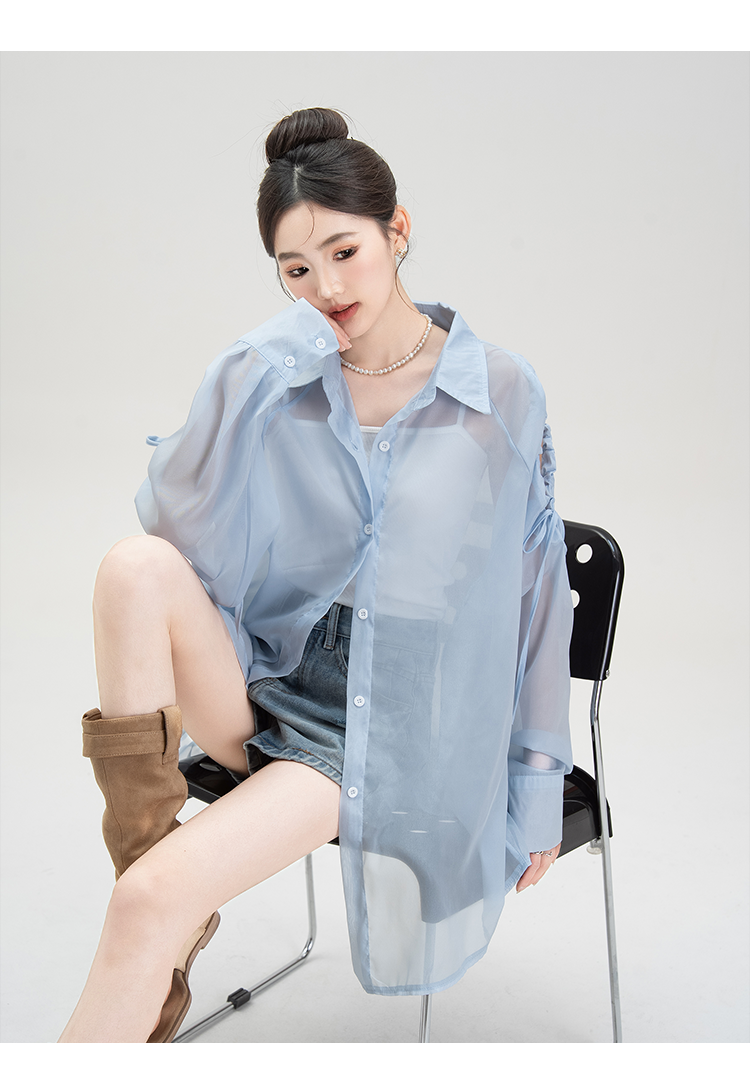 青ファッション 透け感シースルー袖リボンシャツ