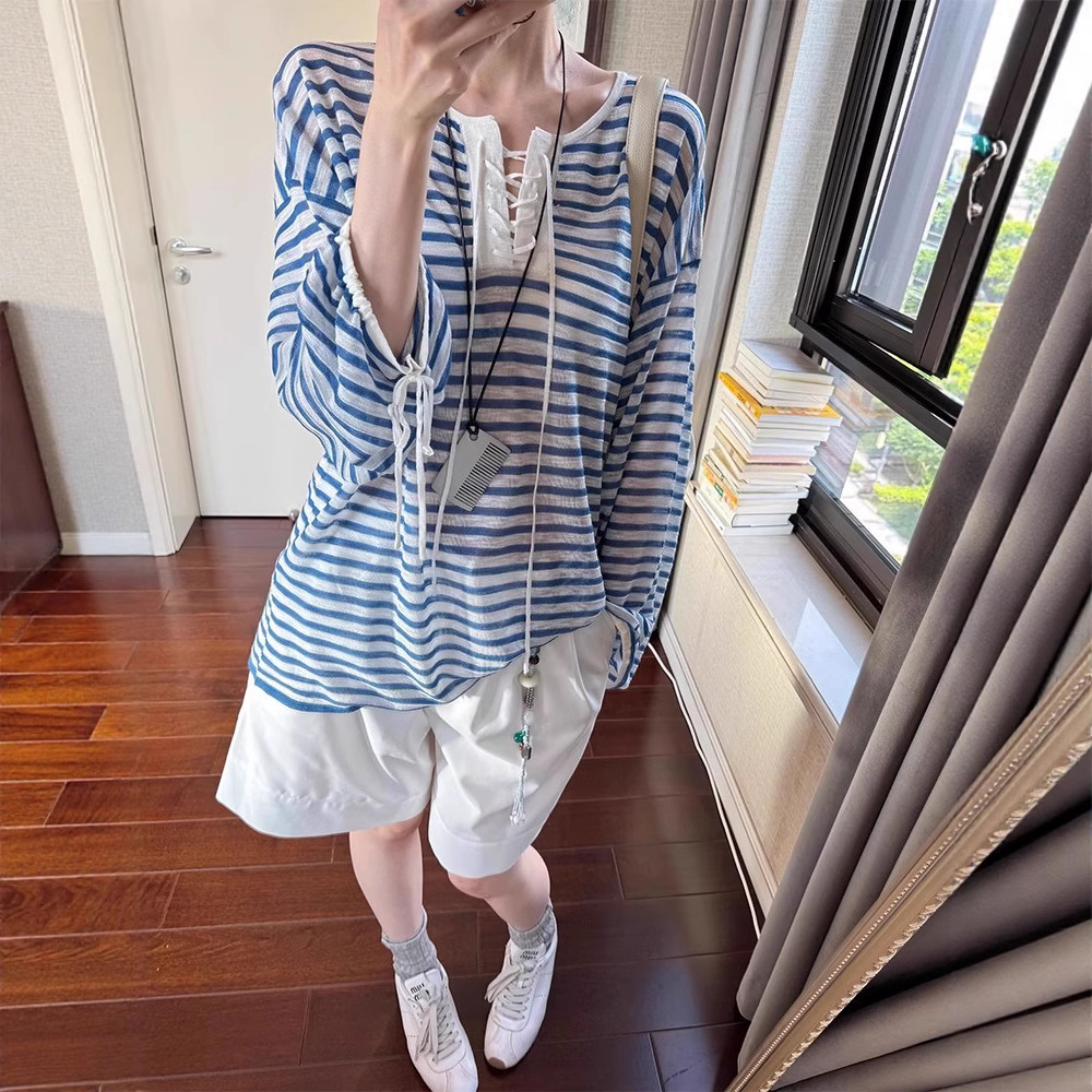 青ファッション ボーダー編み紐デザインカーディガン