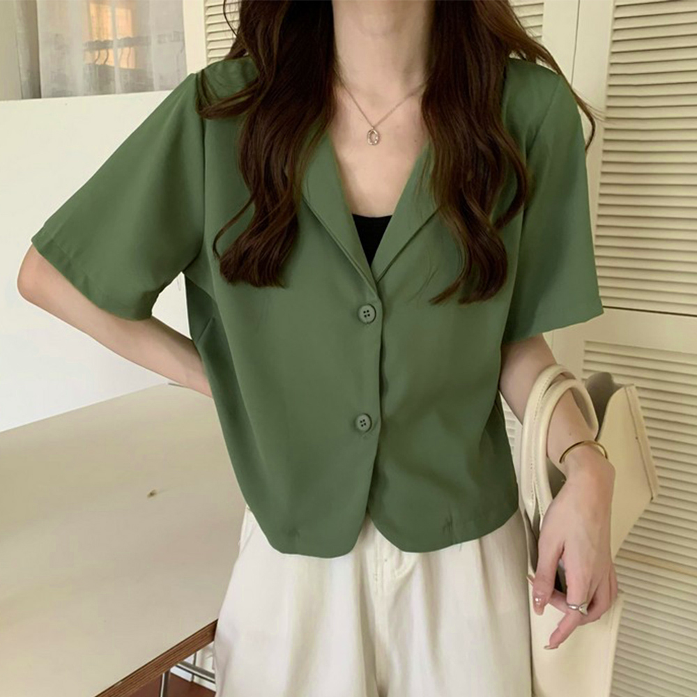 青ファッション 青み色クロップド丈半袖シャツジャケット