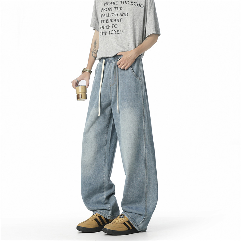 青ファッション ゆったりドローコード デニムパンツ