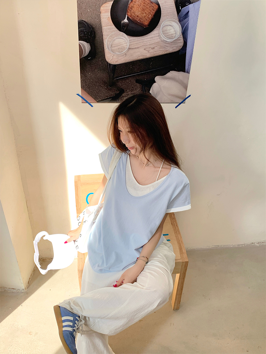 青ファッション 二重襟デザイン半袖シャツ