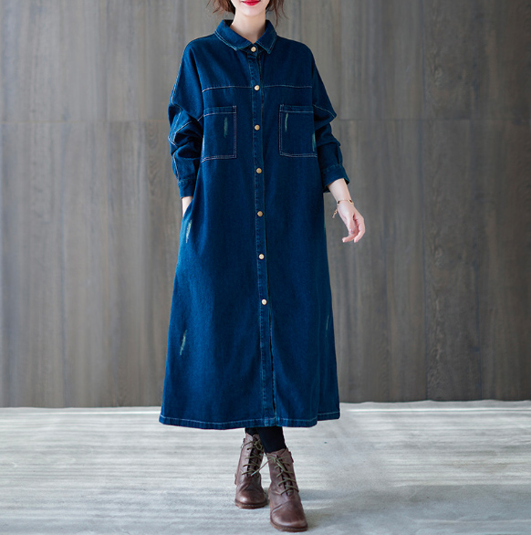 青ファッション 大人可愛いロングデニムシャツワンピース体型カバー