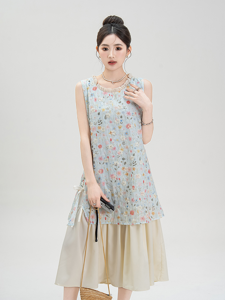 青ファッション 花ノースリーブチュニック