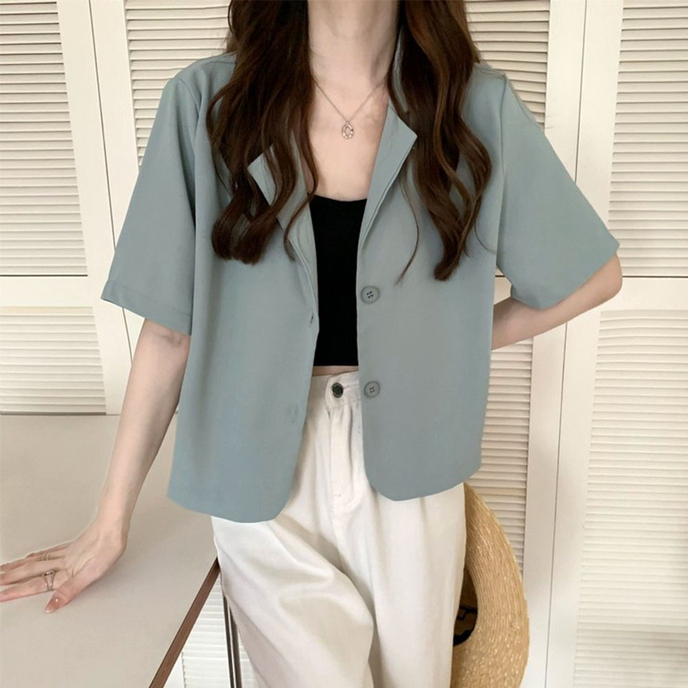 青ファッション 青み色クロップド丈半袖シャツジャケット