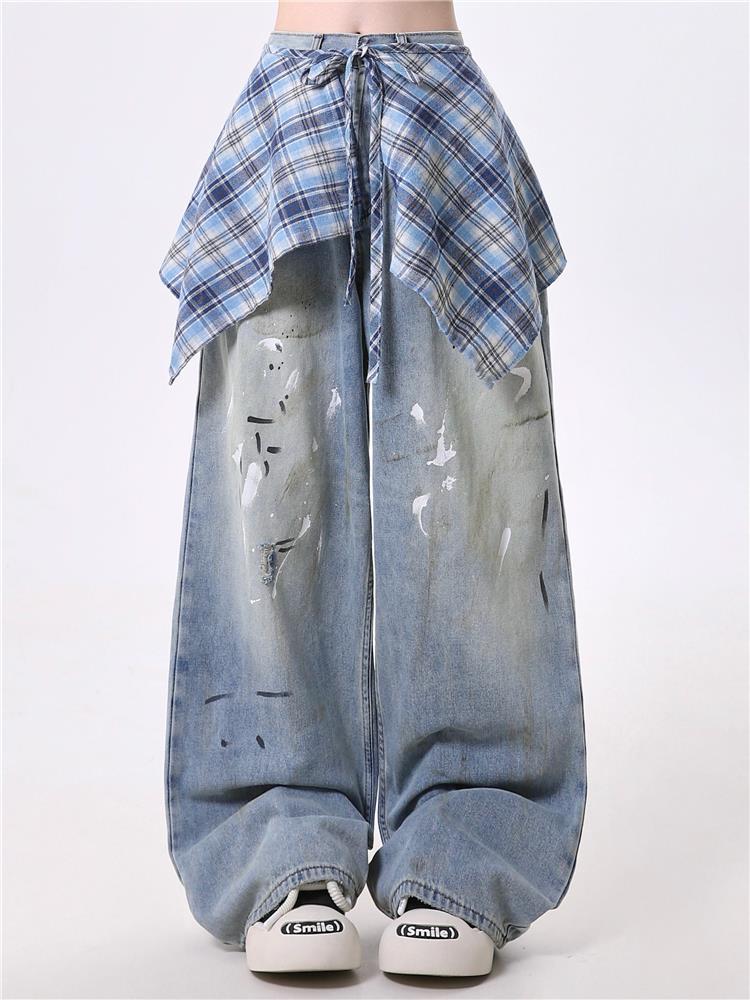 青ファッション チェック重ね風デニムワイドパンツ
