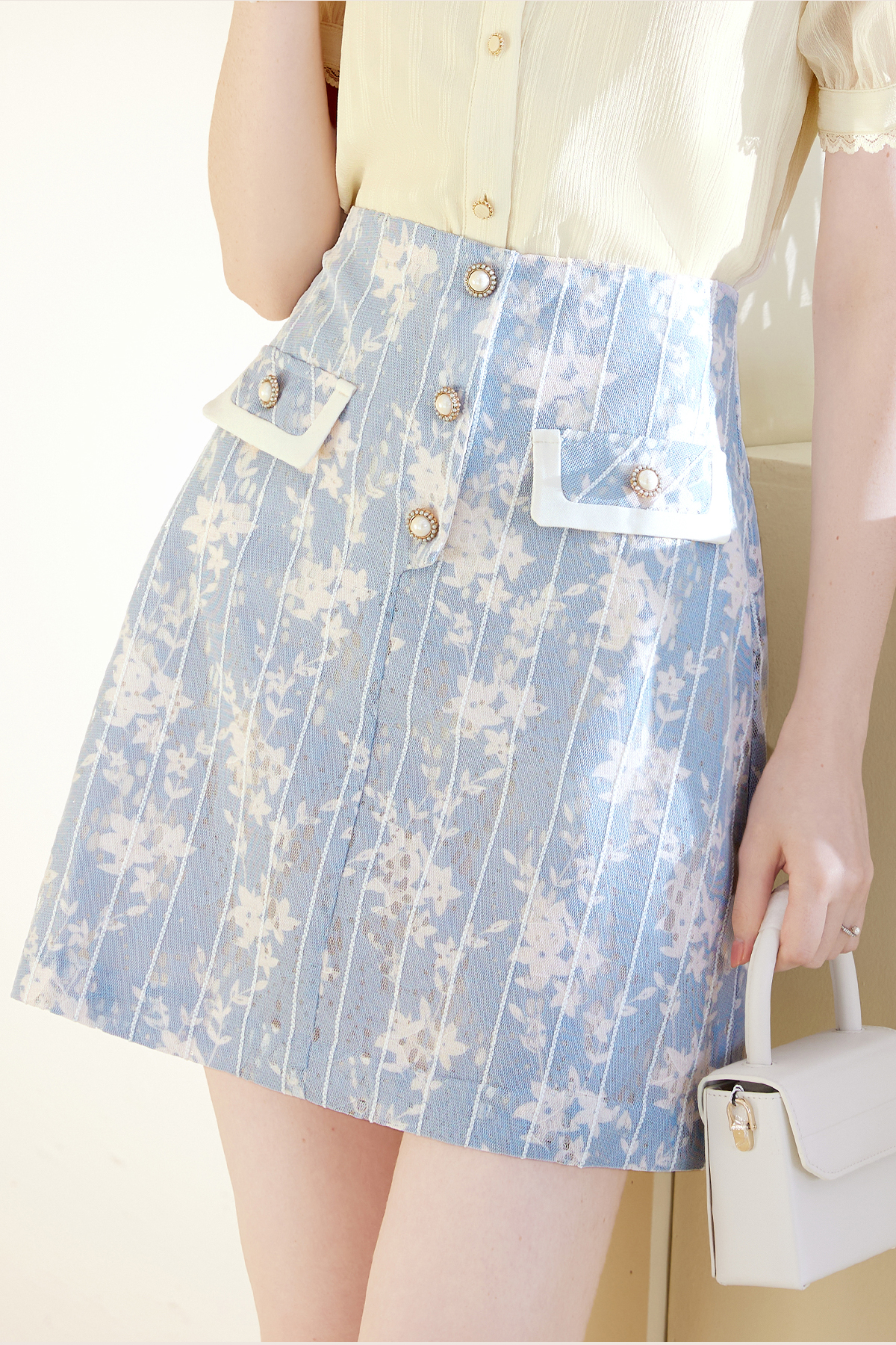 青ファッション 花柄ポケット付きミニスカート