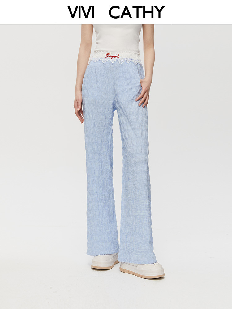 青ファッション 青ファッション レース縁取りしわ加工ワイドパンツ