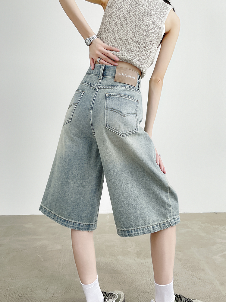 青ファッション ヴィンテージ風ゆったりデニムハーフパンツ