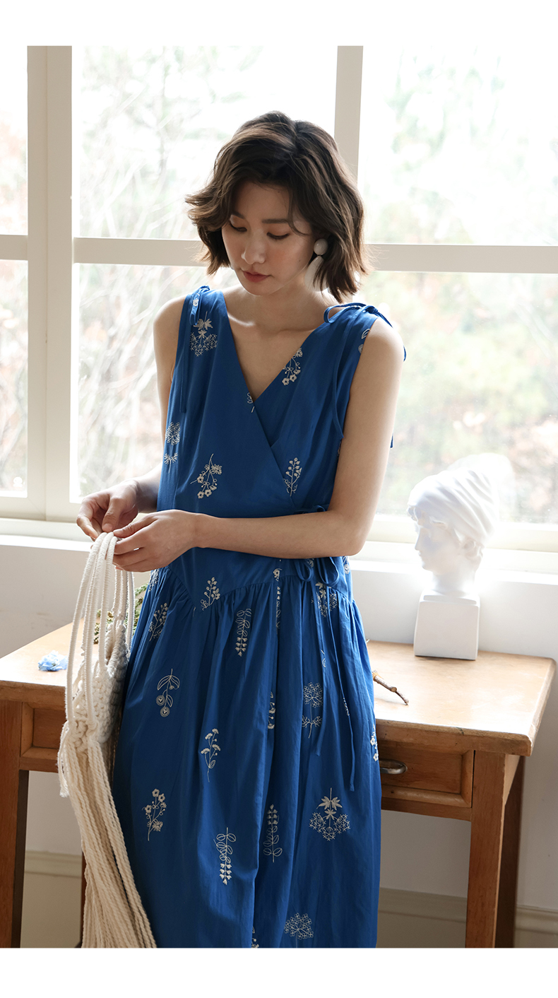 青ファッション 花刺繍カシュクールワンピース