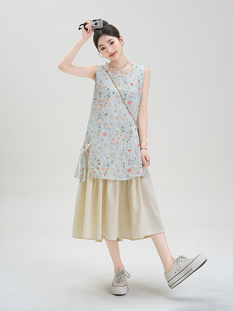 青ファッション 花ノースリーブチュニック