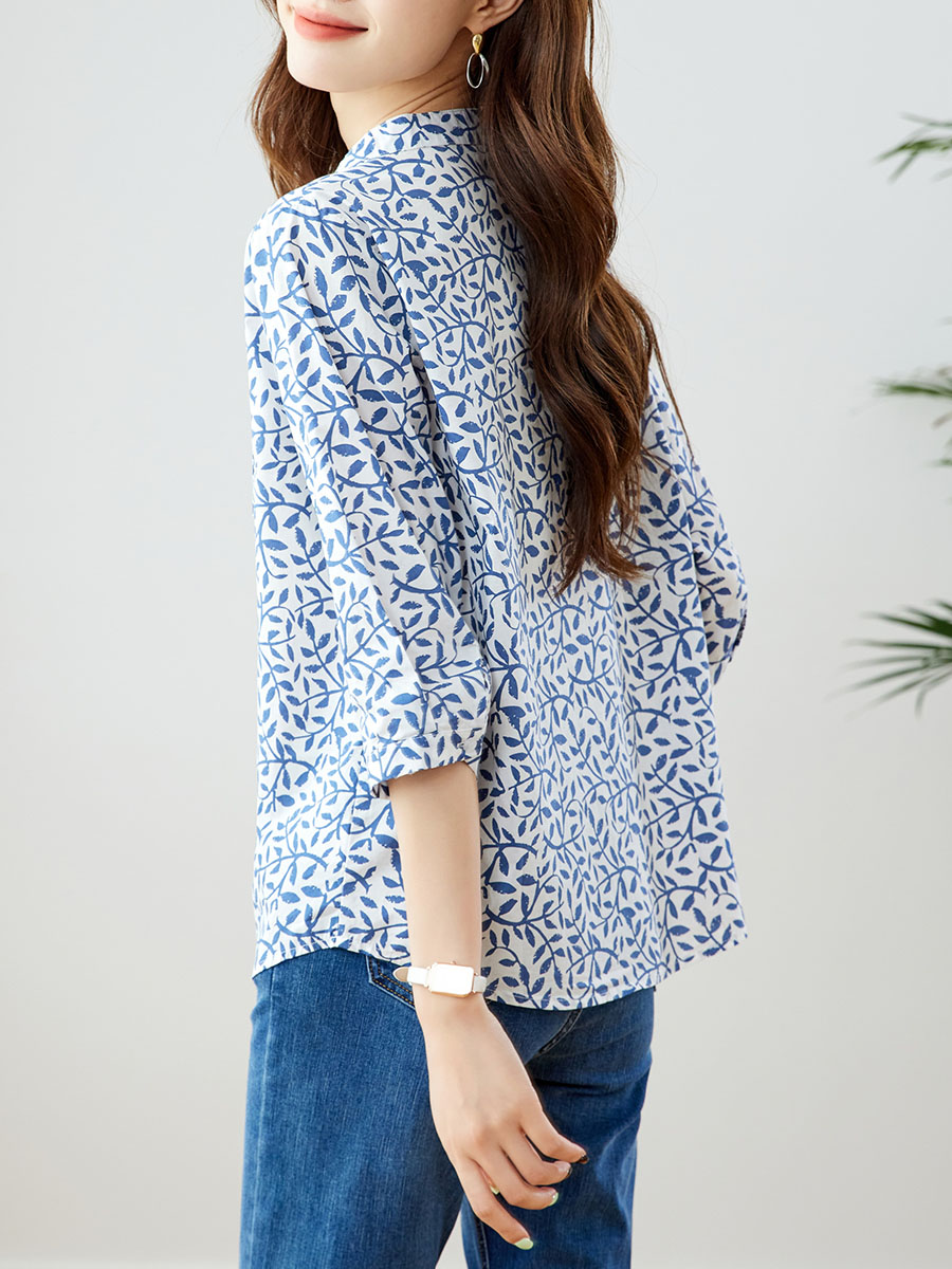 青ファッション 小枝模様のスタンドカラーシャツ