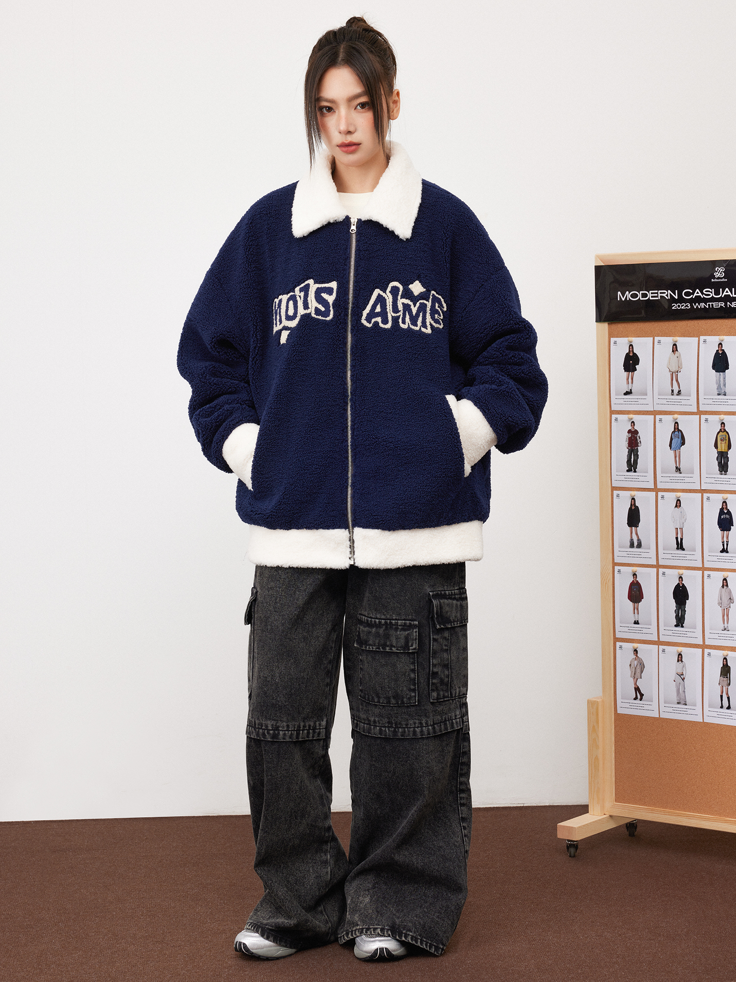 青ファッション 青ファッション もこもこボアカレッジカーディガン