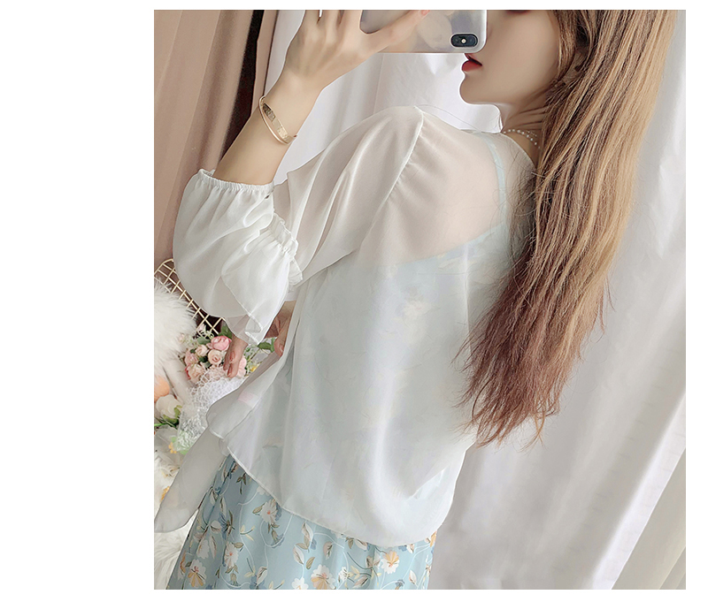 青ファッション 春夏花柄シフォンキャミワンピース水色