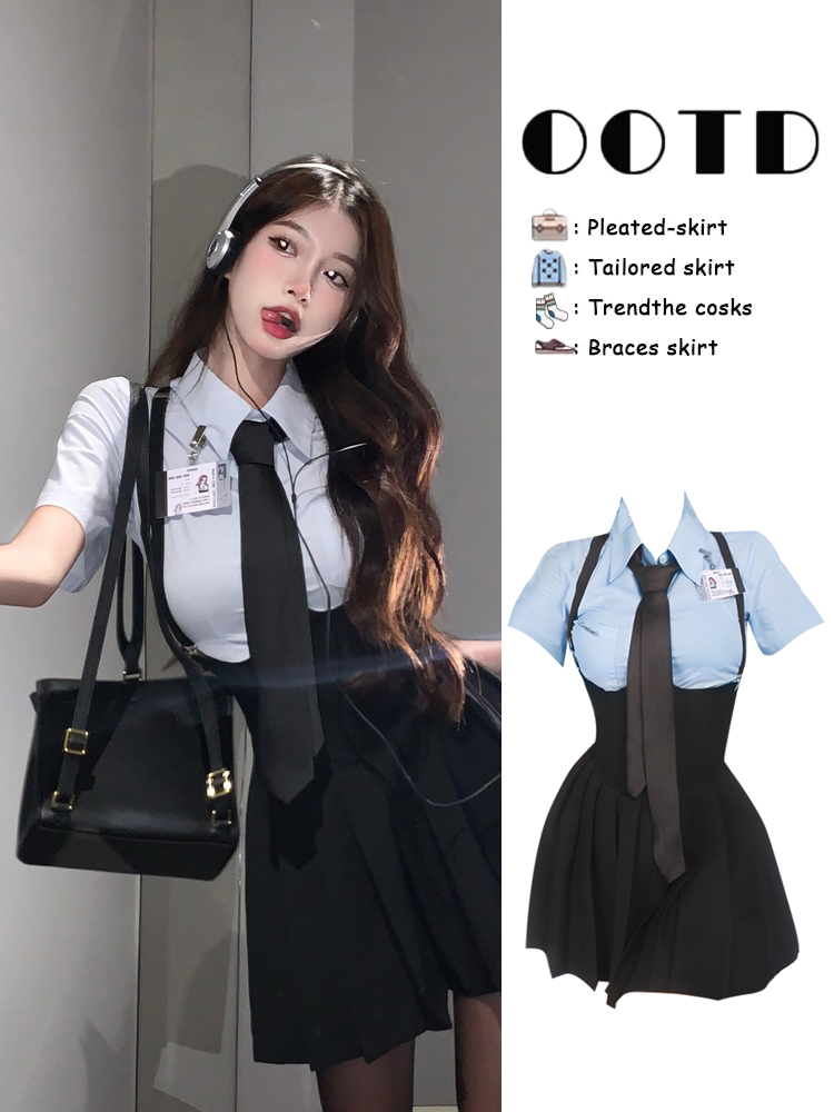 青ファッション 制服風サスペンダー付きセットアップ