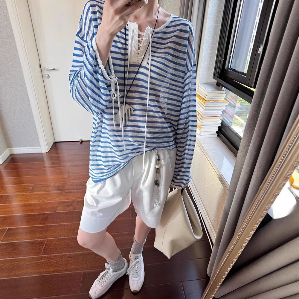 青ファッション ボーダー編み紐デザインカーディガン