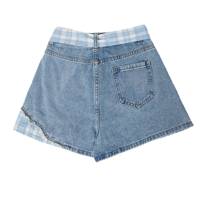 青ファッション チェックリボン付きデニムショートパンツ