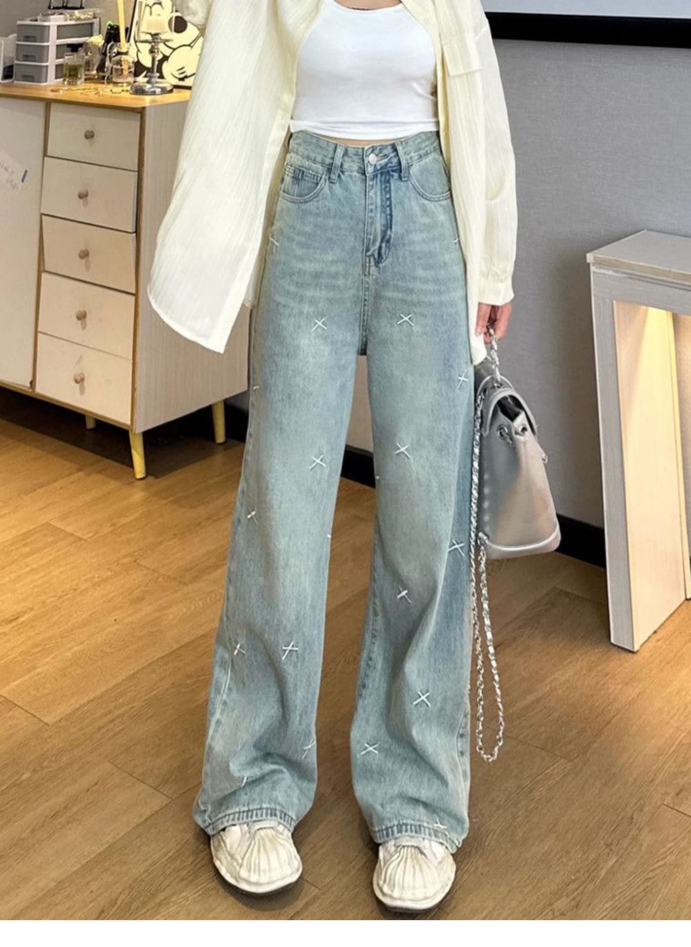青ファッション 二〇二四年新作デニムワイドパンツゆったりシルエット